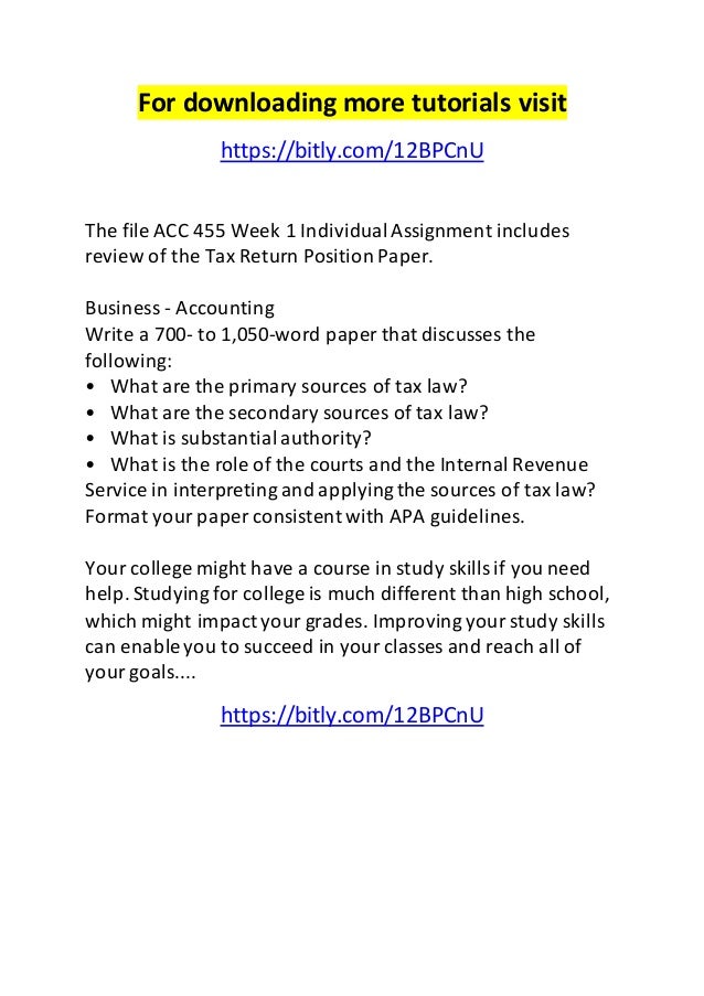 Acc 455 Week 1 Individual Assignment Tax Return Position Paper