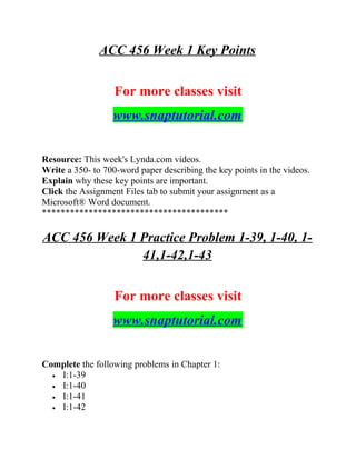 ACC 456 Week 1 Key Points
For more classes visit
www.snaptutorial.com
Resource: This week's Lynda.com videos.
Write a 350- to 700-word paper describing the key points in the videos.
Explain why these key points are important.
Click the Assignment Files tab to submit your assignment as a
Microsoft® Word document.
****************************************
ACC 456 Week 1 Practice Problem 1-39, 1-40, 1-
41,1-42,1-43
For more classes visit
www.snaptutorial.com
Complete the following problems in Chapter 1:
• I:1-39
• I:1-40
• I:1-41
• I:1-42
 