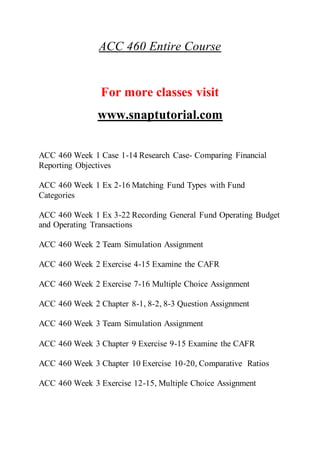 ACC 460 Entire Course
For more classes visit
www.snaptutorial.com
ACC 460 Week 1 Case 1-14 Research Case- Comparing Financial
Reporting Objectives
ACC 460 Week 1 Ex 2-16 Matching Fund Types with Fund
Categories
ACC 460 Week 1 Ex 3-22 Recording General Fund Operating Budget
and Operating Transactions
ACC 460 Week 2 Team Simulation Assignment
ACC 460 Week 2 Exercise 4-15 Examine the CAFR
ACC 460 Week 2 Exercise 7-16 Multiple Choice Assignment
ACC 460 Week 2 Chapter 8-1, 8-2, 8-3 Question Assignment
ACC 460 Week 3 Team Simulation Assignment
ACC 460 Week 3 Chapter 9 Exercise 9-15 Examine the CAFR
ACC 460 Week 3 Chapter 10 Exercise 10-20, Comparative Ratios
ACC 460 Week 3 Exercise 12-15, Multiple Choice Assignment
 