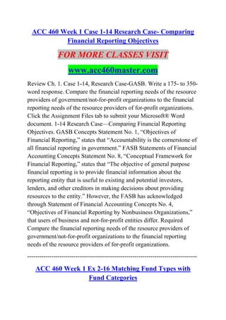 ACC 460 Week 1 Case 1-14 Research Case- Comparing
Financial Reporting Objectives
FOR MORE CLASSES VISIT
www.acc460master.com
Review Ch. 1. Case 1-14, Research Case-GASB. Write a 175- to 350-
word response. Compare the financial reporting needs of the resource
providers of government/not-for-profit organizations to the financial
reporting needs of the resource providers of for-profit organizations.
Click the Assignment Files tab to submit your Microsoft® Word
document. 1-14 Research Case—Comparing Financial Reporting
Objectives. GASB Concepts Statement No. 1, “Objectives of
Financial Reporting,” states that “Accountability is the cornerstone of
all financial reporting in government.” FASB Statements of Financial
Accounting Concepts Statement No. 8, “Conceptual Framework for
Financial Reporting,” states that “The objective of general purpose
financial reporting is to provide financial information about the
reporting entity that is useful to existing and potential investors,
lenders, and other creditors in making decisions about providing
resources to the entity.” However, the FASB has acknowledged
through Statement of Financial Accounting Concepts No. 4,
“Objectives of Financial Reporting by Nonbusiness Organizations,”
that users of business and not-for-profit entities differ. Required
Compare the financial reporting needs of the resource providers of
government/not-for-profit organizations to the financial reporting
needs of the resource providers of for-profit organizations.
------------------------------------------------------------------------------------
ACC 460 Week 1 Ex 2-16 Matching Fund Types with
Fund Categories
 