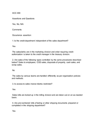 ACC 490
Assertions and Questions
Yes, No, N/A
Comments
Occurrence assertion:
1. Is the credit department independent of the sales department?
Yes
The salesclerks are in the marketing division and order requiring credit
authorization is taken to the credit manager in the treasury division.
2. Are sales of the following types controlled by the same procedures described
below? Sales to employees, COD sales, disposals of property, cash sales, and
scrap sales.
No
The sales by various teams are handled differently as per organization policies
and methods.
3. Is access to sales invoice blanks restricted?
Yes
Sales bills are locked up in the billing division and are taken out on an as-needed
basis.
4. Are pre-numbered bills of lading or other shipping documents prepared or
completed in the shipping department?
Yes
 