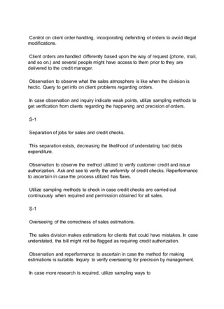 Control on client order handling, incorporating defending of orders to avoid illegal
modifications.
Client orders are handled differently based upon the way of request (phone, mail,
and so on.) and several people might have access to them prior to they are
delivered to the credit manager.
Observation to observe what the sales atmosphere is like when the division is
hectic. Query to get info on client problems regarding orders.
In case observation and inquiry indicate weak points, utilize sampling methods to
get verification from clients regarding the happening and precision of orders.
S-1
Separation of jobs for sales and credit checks.
This separation exists, decreasing the likelihood of understating bad debts
expenditure.
Observation to observe the method utilized to verify customer credit and issue
authorization. Ask and see to verify the uniformity of credit checks. Reperformance
to ascertain in case the process utilized has flaws.
Utilize sampling methods to check in case credit checks are carried out
continuously when required and permission obtained for all sales.
S-1
Overseeing of the correctness of sales estimations.
The sales division makes estimations for clients that could have mistakes. In case
understated, the bill might not be flagged as requiring credit authorization.
Observation and reperformance to ascertain in case the method for making
estimations is suitable. Inquiry to verify overseeing for precision by management.
In case more research is required, utilize sampling ways to
 