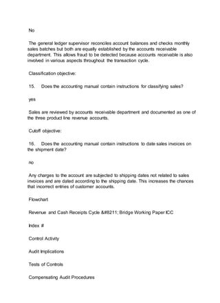 No
The general ledger supervisor reconciles account balances and checks monthly
sales batches but both are equally established by the accounts receivable
department. This allows fraud to be detected because accounts receivable is also
involved in various aspects throughout the transaction cycle.
Classification objective:
15. Does the accounting manual contain instructions for classifying sales?
yes
Sales are reviewed by accounts receivable department and documented as one of
the three product line revenue accounts.
Cutoff objective:
16. Does the accounting manual contain instructions to date sales invoices on
the shipment date?
no
Any charges to the account are subjected to shipping dates not related to sales
invoices and are dated according to the shipping date. This increases the chances
that incorrect entries of customer accounts.
Flowchart
Revenue and Cash Receipts Cycle – Bridge Working Paper ICC
Index #
Control Activity
Audit Implications
Tests of Controls
Compensating Audit Procedures
 
