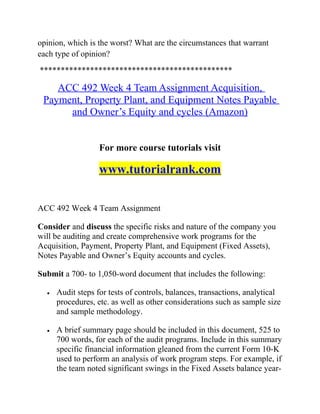 opinion, which is the worst? What are the circumstances that warrant
each type of opinion?
**********************************************
ACC 492 Week 4 Team Assignment Acquisition,
Payment, Property Plant, and Equipment Notes Payable
and Owner’s Equity and cycles (Amazon)
For more course tutorials visit
www.tutorialrank.com
ACC 492 Week 4 Team Assignment
Consider and discuss the specific risks and nature of the company you
will be auditing and create comprehensive work programs for the
Acquisition, Payment, Property Plant, and Equipment (Fixed Assets),
Notes Payable and Owner’s Equity accounts and cycles.
Submit a 700- to 1,050-word document that includes the following:
• Audit steps for tests of controls, balances, transactions, analytical
procedures, etc. as well as other considerations such as sample size
and sample methodology.
• A brief summary page should be included in this document, 525 to
700 words, for each of the audit programs. Include in this summary
specific financial information gleaned from the current Form 10-K
used to perform an analysis of work program steps. For example, if
the team noted significant swings in the Fixed Assets balance year-
 