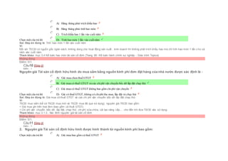 Chọn một câu trả lời
 A) Hàng tháng phải trích khấu hao
 B) Hàng tháng phải tính hao mòn
 C) Trích khấu hao 1 lần vào cuối năm
 D) Tính hao mòn 1 lần vào cuốinăm
Sai. Đáp án đúng là: Tính hao mòn 1 lần vào cuối năm
Vì:
Đối với TSCĐ có nguồn gốc ngân sách, không dùng cho hoạt động sản xuất , kinh doanh thì không phải trích khấu hao mà chỉ tính hao mòn 1 lần c ho cả
năm vào cuối năm
Tham khảo: mục 3.4 Kế toán hao mòn tài sản cố định (Trang 66- Kế toán hành chính sự nghiệp - Giáo trình Topica)
Không đúng
Điểm: 0/1.
Câu10 [Góp ý]
Điểm : 1
Nguyên giá Tài sản cố định hữu hình do mua sắm bằng nguồn kinh phí đơn đặt hàng của nhà nước được xác định là :
Chọn một câu trả lời
 A) Giá mua chưa thuế GTGT
 B) Giá mua có thuế GTGT và các chiphí vận chuyển bốc dỡ lắp đặt chạy thử
 C) Giá mua có thuế GTGT không bao gồm chi phí vận chuyển
 D) Giá có thuế GTGT, không có chi phí thu mua, lắp đặt và chạy thử
Sai. Đáp án đúng là: Giá mua có thuế GTGT và các chi phí vận chuyển bốc dỡ lắp đặt chạy thử
Vì:
TSCĐ mua sắm (kể cả TSCĐ mua mới và TSCĐ mua đã qua sử dụng), nguyên giá TSCĐ bao gồm:
+ Giá mua ghi trên hoá đơn (bao gồm cả thuế GTGT).
+ Chi phí vận chuyển, bốc dỡ, lắp đặt, chạy thử, chi phí sửa chữa, cải tạo nâng cấp,… cho đến khi đưa TSCĐ vào sử dụng.
Tham khảo: mục 3.1.3.. Xác đinh nguyên giá tài sản cố định
Không đúng
Điểm: 0/1.
Câu11 [Góp ý]
Điểm : 1
2. Nguyên giá Tài sản cố định hữu hình được hình thành từ nguồn kinh phí bao gồm:
Chọn một câu trả lời  A) Giá mua bao gồm cả thuế GTGT
 