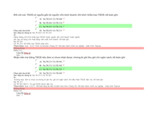 Đối với các TSCĐ có nguồn gốc từ nguồn vốn kinh doanh, khi trích khấu hao TSCĐ, kế toán ghi:
Chọn một câu trả lời
 A) Nợ TK 631/ Có TK 466
 B) Nợ TK 661/ Có TK 214
 C) Nợ TK 631/ Có TK 214
 D) Nợ TK 631/ Có TK 211
Sai. Đáp án đúng là: Nợ TK 631/ Có TK 214
Vì:
Hàng tháng, khi trích khấu hao TSCĐ thuộc nguồn vốn kinh doanh hoặc nguồn
vốn vay sử dụng cho hoạt động sản xuất, kinh doanh, kế toán ghi:
Nợ TK 631
Có TK 214 Số khấu hao TSCĐ phải trích.
Tham khảo: mục 3.4.3. Trình tự kế toán (Trang 67- Kế toán hành chính sự nghiệp - Giáo trình Topica)
Không đúng
Điểm: 0/1.
Câu12 [Góp ý]
Điểm : 1
Nhận viên trợ bằng TSCĐ nếu đơn vị chưa nhận được chứng từ ghi thu ghi chi ngân sách, kế toán ghi:
Chọn một câu trả lời
 A) Nợ TK 211/ Có TK 461
 B) Nợ TK 211/ Có TK 462
 C) Nợ TK 211/ Có TK 521
 D) Nợ TK 211/ Có TK 465
Sai. Đáp án đúng là: Nợ TK 211/ Có TK 521
Vì:
Trường hợp đơn vị chưa có chứng từ ghi thu, ghi chi ngân sách, khi tiếp nhận TSCĐ viện trợ, kế toán ghi:
Nợ TK 211
Có TK 521 (5211) Trị giá TSCĐ được viện trợ.
Tham khảo: mục 3.3.2.1. Kế toán tăng tài sản cố định hữu hình (Trang 53- Kế toán hành chính sự nghiệp - Giáo trình Topica)
Không đúng
Điểm: 0/1.
Câu13 [Góp ý]
Điểm : 1
 
