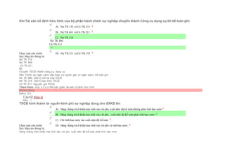 Khi Tài sản cố định hữu hình của bộ phận hành chính sự nghiệp chuyển thành Công cụ dụng cụ thì kế toán ghi:
Chọn một câu trả lời
 A) Nợ TK 153 và Có TK 211
 B) Nợ TK 661 và Có TK 211
 C) Nợ TK 214
Nợ TK 466
Có TK 211
 D) Nợ TK 211 và Có TK 153
Sai. Đáp án đúng là:
Nợ TK 214
Nợ TK 466
Có TK 211
Vì:
Chuyển TSCÐ thành công cụ, dụng cụ:
Nếu TSCĐ do ngân sách cấp hoặc có nguồn gốc từ ngân sách, kế toán ghi:
Nợ TK 466: Giá trị còn lại của TSCĐ
Nợ TK 214: Giá trị hao mòn TSCĐ
Có TK 211: Nguyên giá TSCĐ.
Tham khảo: mục 3.3.2.2 Kế toán giảm tài sản cố định hữu hình
Không đúng
Điểm: 0/1.
Câu12 [Góp ý]
Điểm : 1
TSCĐ hình thành từ nguồn kinh phí sự nghiệp dùng cho SXKD thì:
Chọn một câu trả lời
 A) Hàng tháng trích khấu hao tính vào chi phí, cuốiniên độ kế toán không phải tính hao mòn
 B) Hàng tháng trích khấu hao tính vào chi phí, cuốiniên độ kế toán phải tính hao mòn
 C) Chỉ tính hao mòn vào cuối niên độ kế toán
 D) Hàng tháng trích khấu hao tính vào chi phí và tính hao mòn
Sai. Đáp án đúng là:
Hàng tháng trích khấu hao tính vào chi phí, cuối niên độ kế toán phải tính hao mòn
 