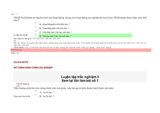 Điểm : 1
TSCĐ hình thành từ nguồn kinh phí hoạt động, dùng cho hoạt động sự nghiệp thì hao mòn TSCĐ được thực hiện như thế
nào?
Chọn một câu trả lời
 A) Hàng tháng phải trích khấu hao
 B) Hàng tháng phải tính hao mòn
 C) Trích khấu hao 1 lần vào cuối năm
 D) Tính hao mòn 1 lần vào cuối năm
Sai. Đáp án đúng là: Tính hao mòn 1 lần vào cuối năm
Vì:
Đối với TSCĐ có nguồn gốc ngân sách, không dùng cho hoạt động sản xuất , kinh doanh thì không phải trích khấu hao mà chỉ tính hao mòn 1 lần cho cả
năm vào cuối năm
Tham khảo: mục 3.4 Kế toán hao mòn tài sản cố định (Trang 66- Kế toán hành chính sự nghiệp - Giáo trình Topica)
Không đúng
Điểm: 0/1.
ACC504.BKTV6
KẾ TOÁN HÀNH CHÍNH SỰ NGHIỆP
Luyện tập trắc nghiệm 3
Xem lại lần làm bài số 1
Câu1 [Góp ý]
Điểm : 1
Tiền lương phải trả cho công nhân viên bộ phận xây dựng cơ bản được hạch toán vào bên:
Chọn một câu trả lời
 A) Nợ TK 661
 B) Nợ TK 662
 