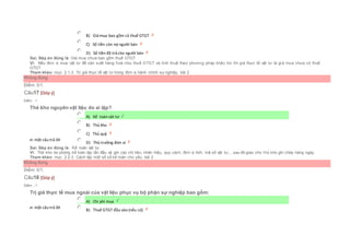  B) Giá mua bao gồm cả thuế GTGT
 C) Số tiền còn nợ người bán
 D) Số tiền đã trả cho người bán
Sai. Đáp án đúng là: Giá mua chưa bao gồm thuế GTGT
Vì: Nếu đơn vị mua vật tư để sản xuất hàng hoá chịu thuế GTGT và tính thuế theo phương pháp khấu trừ thì giá thực tế vật tư là giá mua chưa có thuế
GTGT
Tham khảo: mục 2.1.3. Trị giá thực tế vật tư trong đơn vị hành chính sự nghiệp, bài 2
Không đúng
Điểm: 0/1.
Câu17 [Góp ý]
Điểm : 1
Thẻ kho nguyên vật liệu do ai lập?
Chọn một câu trả lời
 A) Kế toán vật tư
 B) Thủ kho
 C) Thủ quỹ
 D) Thủ trưởng đơn vị
Sai. Đáp án đúng là: Kế toán vật tư
Vì: Thẻ kho do phòng kế toán lập lần đầu và ghi các chỉ tiêu: nhãn hiệu, quy cách, đơn vị tính, mã số vật tư,...sau đó giao cho t hủ kho ghi chép hàng ngày.
Tham khảo: mục 2.2.3. Cách lập một số sổ kế toán chủ yếu, bài 2
Không đúng
Điểm: 0/1.
Câu18 [Góp ý]
Điểm : 1
Trị giá thực tế mua ngoài của vật liệu phục vụ bộ phận sự nghiệp bao gồm:
Chọn một câu trả lời
 A) Chi phí mua
 B) Thuế GTGT đầu vào (nếu có)
 