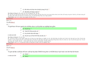  C) Đối chiếu với số liệu trên sổ nhật ký chung TK 152
 D) Đối chiếu với Chứng từ ghi sổ
Sai. Đáp án đúng là: Đối chiếu với thẻ kho Nguyên liệu, vật liệu
Vì: Thẻ kho chỉ theo dõi về mặt số lượng. Sổ chi tiết nguyên vật liệu theo dõi rị các loại vật liệu theo cả chỉ tiêu số lượng và giá trị. Định kỳ, kế toán cộng sổ
chi tiết và đối chiếu với thẻ kho về mặt số lượng, sau đó lập Bảng tổng hợp nhập-xuất-tồn
Tham khảo: mục 2.3.1.Hạch toán nguyên vật liệu, bài 2
Không đúng
Điểm: 0/1.
Câu16 [Góp ý]
Điểm : 1
Trị giá thực tế mua ngoài của vật liệu phục vụ bộ phận sự nghiệp bao gồm:
Chọn một câu trả lời
 A) Chi phí mua
 B) Thuế GTGT đầu vào (nếu có)
 C) Chi phí kiểm định chất lượng
 D) Chi phí mua và Thuế GTGT đầu vào (nếu có)
Sai. Đáp án đúng là: Chi phí mua
Vì: Giá thực tế vật tư mua ngoài nhập kho sử dụng cho hoạt động sự nghiệp, dự án, đơn đặt hàng của Nhà nước được tính theo giá mua thực tế ghi trên
hoá đơn và các khoản thuế như: thuế nhập khẩu, thuế tiêu thụ đặc biệt, thuế giá trị gia tăng không được khấu trừ (nếu có). Các chi phí liên quan như: chi phí
thu mua, vận chuyển, bốc dỡ… được hạch toán vào chi phí của bộ phận sử dụng vật tư.
Tham khảo: mục 2.1.3. Trị giá thực tế vật tư trong đơn vị hành chính sự nghiệp, bài 2
Không đúng
Điểm: 0/1.
Câu17 [Góp ý]
Điểm : 1
Trị giá vật liệu xuất kho để sản xuất tại bộ phận SXKD trong đơn vị HCSN được hạch toán vào bên Nợ tài khoản:
Chọn một câu trả lời
 A) TK 632
 B) TK 631
 