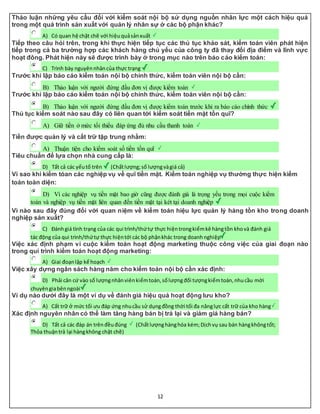 12
Thảo luận những yêu cầu đối với kiểm soát nội bộ sử dụng nguồn nhân lực một cách hiệu quả
trong một quá trình sản xuất với quản lý nhân sự ở các bộ phận khác?
A) Có quan hệ chặt chẽ với hiệuquảsảnxuất
Tiếp theo câu hỏi trên, trong khi thực hiện tiếp tục các thủ tục khảo sát, kiểm toán viên phát hiện
tiếp trong cả ba trường hợp các khách hàng chủ yếu của công ty đã thay đổi địa điểm và lĩnh vực
hoạt đông. Phát hiện này sẽ được trình bày ở trong mục nào trên báo cáo kiểm toán:
C) Trình bày nguyênnhâncủa thực trạng
Trước khi lập báo cáo kiểm toán nội bộ chính thức, kiểm toán viên nội bộ cần:
B) Thảo luận với người đứng đầu đơn vị được kiểm toán
Trước khi lập báo cáo kiểm toán nội bộ chính thức, kiểm toán viên nội bộ cần:
B) Thảo luận với người đứng đầu đơn vị được kiểm toán trước khi ra báo cáo chính thức
Thủ tục kiểm soát nào sau đây có liên quan tới kiểm soát tiền mặt tồn quĩ?
A) Giữ tiền ở mức tối thiểu đáp ứng đủ nhu cầu thanh toán
Tiền được quản lý và cất trữ tập trung nhằm:
A) Thuận tiện cho kiểm soát số tiền tồn quĩ
Tiêu chuẩn để lựa chọn nhà cung cấp là:
D) Tất cả các yếutố trên (Chấtlượng;số lượngvàgiá cả)
Vì sao khi kiểm tóan các nghiệp vụ về quĩ tiền mặt. Kiểm toán nghiệp vụ thường thực hiện kiểm
toán toàn diện:
D) Vì các nghiệp vụ tiền mặt bao giờ cũng được đánh giá là trọng yếu trong mọi cuộc kiểm
toán và nghiệp vụ tiền mặt liên quan đến tiền mặt tại két tại doanh nghiệp
Vì nào sau đây đúng đối với quan niệm về kiểm toán hiệu lực quản lý hàng tồn kho trong doanh
nghiệp sản xuất?
C) Đánhgiá tình trạng của các qui trình/thứtự thực hiệntrongkiểmkê hàngtồn khovà đánh giá
tác động của qui trình/thứtự thực hiệntới các bộ phậnkhác trong doanh nghiệp
Việc xác định phạm vi cuộc kiểm toán hoạt động marketing thuộc công việc của giai đoạn nào
trong qui trình kiểm toán hoạt động marketing:
A) Giai đoạnlập kế hoạch
Việc xây dựng ngân sách hàng năm cho kiểm toán nội bộ cần xác định:
D) Phải căn cứ vào số lượngnhânviênkiểmtoán,sốlượngđối tượngkiểmtoán,nhucầu mời
chuyêngiabênngoài
Ví dụ nào dưới đây là một ví dụ về đánh giá hiệu quả hoạt động lưu kho?
A) Cất trữ ở mức tối ưu đáp ứng nhucầu sử dụngđồng thời tối đa nănglực cất trữ của kho hàng
Xác định nguyên nhân có thể làm tăng hàng bán bị trả lại và giảm giá hàng bán?
D) Tất cả các đáp án trênđềuđúng (Chấtlượnghànghóa kém;Dịchvụ sau bán hàngkhôngtốt;
Thỏa thuậntrả lại hàngkhông chặt chẽ)
 