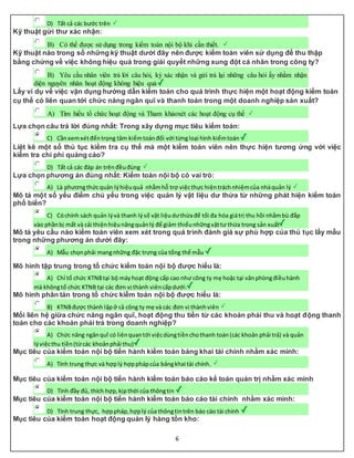 6
D) Tất cả các bước trên
Kỹ thuật gửi thư xác nhận:
B) Có thể được sử dụng trong kiểm toán nội bộ khi cần thiết.
Kỹ thuật nào trong số những kỹ thuật dưới đây nên được kiểm toán viên sử dụng để thu thập
bằng chứng về việc không hiệu quả trong giải quyết những xung đột cá nhân trong công ty?
B) Yêu cầu nhân viên trả lời câu hỏi, ký xác nhận và gửi trả lại những câu hỏi ấy nhằm nhận
diện nguyên nhân hoạt động không hiệu quả
Lấy ví dụ về việc vận dụng hướng dẫn kiểm toán cho quá trình thực hiện một hoạt động kiểm toán
cụ thể có liên quan tới chức năng ngân quĩ và thanh toán trong một doanh nghiệp sản xuất?
A) Tìm hiểu tổ chức hoạt động và Tham khảoxét các hoạt động cụ thể
Lựa chọn câu trả lời đúng nhất: Trong xây dựng mục tiêu kiểm toán:
C) Cầnxemxétđếntrọng tâm kiểmtoánđối với từngloại hình kiểmtoán
Liệt kê một số thủ tục kiểm tra cụ thể mà một kiểm toán viên nên thực hiện tương ứng với việc
kiểm tra chi phí quảng cáo?
D) Tất cả các đáp án trênđềuđúng
Lựa chọn phương án đúng nhất: Kiểm toán nội bộ có vai trò:
A) Là phươngthứcquản lýhiệuquả nhằmhỗ trợ việcthực hiệntráchnhiệmcủa nhàquản lý
Mô tả một số yếu điểm chủ yếu trong việc quản lý vật liệu dư thừa từ những phát hiện kiểm toán
phổ biến?
C) Cóchính sách quản lývà thanh lýsố vật liệudưthừađể tối đa hóa giátrị thu hồi nhằmbù đắp
vào phầnbị mất và cải thiệnhiệunăngquảnlý để giảm thiểunhữngvậttư thừa trong sản xuất
Mô tả yêu cầu nào kiểm toán viên xem xét trong quá trình đánh giá sự phù hợp của thủ tục lấy mẫu
trong những phương án dưới đây:
A) Mẫu chọnphải mangnhững đặc trưng của tổng thể mẫu
Mô hình tập trung trong tổ chức kiểm toán nội bộ được hiểu là:
A) Chỉ tổ chức KTNBtại bộ máyhoạt động cấp cao như công ty mẹ hoặc tại vănphòngđiềuhành
mà khôngtổ chức KTNB tại các đơn vị thành viêncấpdưới.
Mô hình phân tán trong tổ chức kiểm toán nội bộ được hiểu là:
B) KTNBđược thành lậpở cả công ty mẹ và các đơn vị thànhviên
Mối liên hệ giữa chức năng ngân quĩ, hoạt động thu tiền từ các khoản phải thu và hoạt động thanh
toán cho các khoản phải trả trong doanh nghiệp?
A) Chức năng ngânquĩ có liênquantới việcdùngtiềnchothanh toán(các khoản phải trả) và quản
lýviệcthu tiền(từcác khoảnphải thu)
Mục tiêu của kiểm toán nội bộ tiến hành kiểm toán bảng khai tài chính nhằm xác minh:
A) Tính trung thực và hợplý hợpphápcủa bảngkhai tài chính.
Mục tiêu của kiểm toán nội bộ tiến hành kiểm toán báo cáo kế toán quản trị nhằm xác minh
D) Tính đầy đủ, thích hợp,kịpthời của thôngtin
Mục tiêu của kiểm toán nội bộ tiến hành kiểm toán báo cáo tài chính nhằm xác minh:
D) Tính trung thực, hợppháp,hợplý của thôngtintrên báo cáo tài chính
Mục tiêu của kiểm toán hoạt động quản lý hàng tồn kho:
 