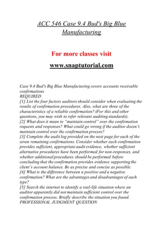 ACC 546 Case 9.4 Bud's Big Blue
Manufacturing
For more classes visit
www.snaptutorial.com
Case 9.4 Bud's Big Blue Manufacturing covers accounts receivable
confirmations
REQUIRED
[1] List the four factors auditors should consider when evaluating the
results of confirmation procedures. Also, what are three of the
characteristics of a reliable confirmation? (For this and other
questions, you may wish to refer relevant auditing standards).
[2] What does it mean to “maintain control” over the confirmation
requests and responses? What could go wrong if the auditor doesn’t
maintain control over the confirmation process?
[3] Complete the audit log provided on the next page for each of the
seven remaining confirmations. Consider whether each confirmation
provides sufficient, appropriate audit evidence, whether sufficient
alternative procedures have been performed for non-responses, and
whether additionalprocedures should be performed before
concluding that the confirmation provides evidence supporting the
client’s account balance. Be as precise and concise as possible.
[4] What is the difference between a positive and a negative
confirmation? What are the advantages and disadvantages of each
type?
[5] Search the internet to identify a real-life situation where an
auditor apparently did not maintain sufficient control over the
confirmation process. Briefly describe the situation you found.
PROFESSIONAL JUDGMENT QUESTION
 