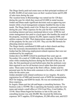 The Diego family paid real estate taxes on their principal residence of
$3,400, $2,000 of real estate taxes on their vacation home and $3,200
of sales taxes during the year.
The vacation home in Breckenridge was rented out for 120 days
during the year for which they received $12,000 in rental income.
Jordan and Diana made significant decisions such as approving new
tenants while a local management company handled the day-to-day
needs. The Diego family used it for 30 days for a personal vacation
during the year. Other expenses for the year for this vacation home
(excluding interest and taxes mentioned above) were: $700 for real
estate management fees paid to a local agent who handles the rental of
the property, insurance expense $2,200, repairs expense $500, and
utilities expense $1,800. Their depreciation expense for the rental use
of this property for the year is $1,455. They use the IRS formula for
allocating interest and taxes.
The Diego family contributed $3,000 cash to their church and they
have the necessary documentation for this contribution.
Jordan had the following employment-related expenses that were not
reimbursed by his employer:
Jordan drove his BMW (which he purchased four years ago on
November 18) a total of 12,000 miles during the year. He drove 4,800
miles while conducting business during the first half of the year. In
July, the firm purchased several hybrid autos that the architects were
then required to use for all business travel rather than their personal
autos. These autos were kept at the firm's offices. Jordan used his
personal auto for the three-mile commute to his office, a total of 1,500
miles for the entire year.
Jordan attended work-related conference in Los Angeles. He paid a
registration fee of $400 and incurred costs of $450 for transportation,
$625 for lodging, and $260 for meals. He was not reimbursed for
these expenses.
In August, Diana quit her job and began a consulting business. The
business code is 541990. She is operating the business under her own
name and rented a small office at 1234 Coral Way, Coral Gables, FL
33146. Since Diana began her business so late in the year, her
consulting income was only $8,000. She incurred the following
expenses: $475 supplies, $210 telephone, $3,200 office rent, and $325
 