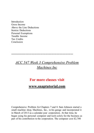 Introduction
Gross Income
Above the Line Deductions
Itemize Deductions
Personal Exemptions
Taxable Income
Tax Credits
Conclusion
************************************************************************
ACC 547 Week 3 Comprehensive Problem
Machines Inc
For more classes visit
www.snaptutorial.com
Comprehensive Problem for Chapters 7 and 8. Sam Johnson started a
small machine shop, Machines, Inc., in his garage and incorporated it
in March of 2013 as a calendar-year corporation. At that time, he
began using his personal computer and tools solely for the business as
part of his contribution to the corporation. The computer cost $2,700
 