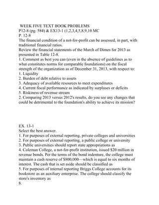 WEEK FIVE TEXT BOOK PROBLEMS
P12-8 (pg. 584) & EX13-1 (1,2,3,4,5,8,9,10 MC
P. 12-8
The financial condition of a not-for-profit can be assessed, in part, with
traditional financial ratios.
Review the financial statements of the March of Dimes for 2013 as
presented in Table 12-8.
1. Comment as best you can (even in the absence of guidelines as to
what constitutes norms for comparable foundations) on the fiscal
strength of the organization as of December 31, 2013, with respect to:
1. Liquidity
2. Burden of debt relative to assets
3. Adequacy of available resources to meet expenditures
4. Current fiscal performance as indicated by surpluses or deficits
5. Riskiness of revenue stream
2. Comparing 2013 versus 2012's results, do you see any changes that
could be detrimental to the foundation's ability to achieve its mission?
EX. 13-1
Select the best answer.
1. For purposes of external reporting, private colleges and universities
2. For purposes of external reporting, a public college or university
3. Public universities should report state appropriations as
4. Coleman College, a not-for-profit institution, issued $20 million in
revenue bonds. Per the terms of the bond indenture, the college must
maintain a cash reserve of $800,000—which is equal to six months of
interest. The cash that is set aside should be classified as
5. For purposes of internal reporting Briggs College accounts for its
bookstore as an auxiliary enterprise. The college should classify the
store's inventory as
8.
 