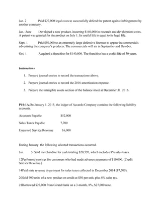 Jan. 2             Paid $27,000 legal costs to successfully defend the patent against infringement by
another company.
Jan.–June       Developed a new product, incurring $140,000 in research and development costs.
A patent was granted for the product on July 1. Its useful life is equal to its legal life.
Sept. 1           Paid $50,000 to an extremely large defensive lineman to appear in commercials
advertising the company’s products. The commercials will air in September and October.
Oct. 1             Acquired a franchise for $140,000. The franchise has a useful life of 50 years.
 
Instructions
1. Prepare journal entries to record the transactions above.
2. Prepare journal entries to record the 2016 amortization expense.
3. Prepare the intangible assets section of the balance sheet at December 31, 2016.
 
P10-1A.On January 1, 2015, the ledger of Accardo Company contains the following liability
accounts.
Accounts Payable                      $52,000
Sales Taxes Payable                   7,700
Unearned Service Revenue         16,000
 
During January, the following selected transactions occurred.
Jan.        5 Sold merchandise for cash totaling $20,520, which includes 8% sales taxes.
12Performed services for customers who had made advance payments of $10,000. (Credit
Service Revenue.)
14Paid state revenue department for sales taxes collected in December 2014 ($7,700).
20Sold 900 units of a new product on credit at $50 per unit, plus 8% sales tax.
21Borrowed $27,000 from Girard Bank on a 3-month, 8%, $27,000 note.
 