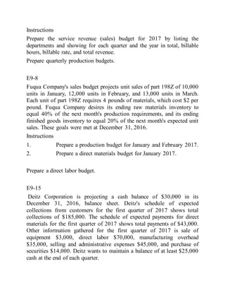 Instructions
Prepare the service revenue (sales) budget for 2017 by listing the
departments and showing for each quarter and the year in total, billable
hours, billable rate, and total revenue.
Prepare quarterly production budgets.
E9-8
Fuqua Company's sales budget projects unit sales of part 198Z of 10,000
units in January, 12,000 units in February, and 13,000 units in March.
Each unit of part 198Z requires 4 pounds of materials, which cost $2 per
pound. Fuqua Company desires its ending raw materials inventory to
equal 40% of the next month's production requirements, and its ending
finished goods inventory to equal 20% of the next month's expected unit
sales. These goals were met at December 31, 2016.
Instructions
1. Prepare a production budget for January and February 2017.
2. Prepare a direct materials budget for January 2017.
Prepare a direct labor budget.
E9-15
Deitz Corporation is projecting a cash balance of $30,000 in its
December 31, 2016, balance sheet. Deitz's schedule of expected
collections from customers for the first quarter of 2017 shows total
collections of $185,000. The schedule of expected payments for direct
materials for the first quarter of 2017 shows total payments of $43,000.
Other information gathered for the first quarter of 2017 is sale of
equipment $3,000, direct labor $70,000, manufacturing overhead
$35,000, selling and administrative expenses $45,000, and purchase of
securities $14,000. Deitz wants to maintain a balance of at least $25,000
cash at the end of each quarter.
 