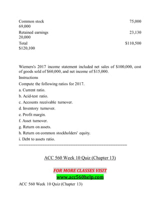 Common stock 75,000
69,000
Retained earnings 23,130
20,000
Total $110,500
$120,100
Wiemers's 2017 income statement included net sales of $100,000, cost
of goods sold of $60,000, and net income of $15,000.
Instructions
Compute the following ratios for 2017.
a. Current ratio.
b. Acid-test ratio.
c. Accounts receivable turnover.
d. Inventory turnover.
e. Profit margin.
f. Asset turnover.
g. Return on assets.
h. Return on common stockholders' equity.
i. Debt to assets ratio.
==============================================
ACC 560 Week 10 Quiz (Chapter 13)
FOR MORE CLASSES VISIT
www.acc560help.com
ACC 560 Week 10 Quiz (Chapter 13)
 