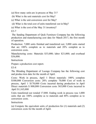 (a) How many units are in process at May 31?
(b) What is the unit materials cost for May?
(c) What is the unit conversion cost for May?
(d) What is the total cost of units transferred out in May?
(e) What is the cost of the May 31 inventory?
E3-7
The Sanding Department of Quik Furniture Company has the following
production and manufacturing cost data for March 2017, the first month
of operation.
Production: 7,000 units finished and transferred out; 3,000 units started
that arc 100% complete as to materials and 20% complete as to
conversion costs.
Manufacturing costs: Materials $33,000; labor $21,000; and overhead
$36,000.
Instructions
Prepare a production cost report.
E3-8
The Blending Department of Luongo Company has the following cost
and produc-tion data for the month of April.
Costs: Work in process, April 1 Direct materials: 100% complete
$100,000 Conversion costs: 20% complete 70,000 Cost of work in
process, April 1 $170,000 Costs incurred during production in April
Direct materials $ 800,000 Conversion costs 365,000 Costs incurred in
April $1,165,000
Units transferred out totaled 17,000. Ending work in process was 1,000
units that are 100% complete as to materials and 40% complete as to
conversion costs.
Instructions
(a) Compute the equivalent units of production for (1) materials and (2)
conversion costs for the month of April.
 