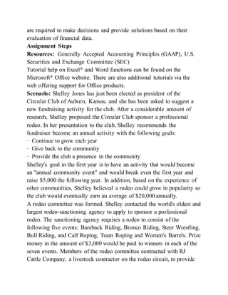 are required to make decisions and provide solutions based on their
evaluation of financial data.
Assignment Steps
Resources: Generally Accepted Accounting Principles (GAAP), U.S.
Securities and Exchange Committee (SEC)
Tutorial help on Excel® and Word functions can be found on the
Microsoft® Office website. There are also additional tutorials via the
web offering support for Office products.
Scenario: Shelley Jones has just been elected as president of the
Circular Club of Auburn, Kansas, and she has been asked to suggest a
new fundraising activity for the club. After a considerable amount of
research, Shelley proposed the Circular Club sponsor a professional
rodeo. In her presentation to the club, Shelley recommends the
fundraiser become an annual activity with the following goals:
· Continue to grow each year
· Give back to the community
· Provide the club a presence in the community
Shelley's goal in the first year is to have an activity that would become
an "annual community event" and would break even the first year and
raise $5,000 the following year. In addition, based on the experience of
other communities, Shelley believed a rodeo could grow in popularity so
the club would eventually earn an average of $20,000 annually.
A rodeo committee was formed. Shelley contacted the world's oldest and
largest rodeo-sanctioning agency to apply to sponsor a professional
rodeo. The sanctioning agency requires a rodeo to consist of the
following five events: Bareback Riding, Bronco Riding, Steer Wrestling,
Bull Riding, and Calf Roping, Team Roping and Women's Barrels. Prize
money in the amount of $3,000 would be paid to winners in each of the
seven events. Members of the rodeo committee contracted with RJ
Cattle Company, a livestock contractor on the rodeo circuit, to provide
 
