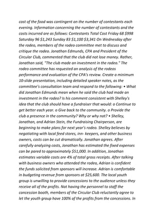 cost of the food was contingent on the number of contestants each
evening. Information concerning the number of contestants and the
costs incurred are as follows: Contestants Total Cost Friday 68 $998
Saturday 96 $1,243 Sunday 83 $1,100 $3,341 On Wednesday after
the rodeo, members of the rodeo committee met to discuss and
critique the rodeo. Jonathan Edmunds, CPA and President of the
Circular Club, commented that the club did not lose money. Rather,
Jonathan said, "The club made an investment in the rodeo." The
rodeo committee has requested an analysis of the rodeos
performance and evaluation of the CPA's review. Create a minimum
10-slide presentation, including detailed speaker notes, as the
committee's consultation team and respond to the following: • What
did Jonathan Edmunds mean when he said the club had made an
investment in the rodeo? Is his comment consistent with Shelley's
idea that the club should have a fundraiser that would: o Continue to
get better each year. o Give back to the community. o Provide the
club a presence in the community? Why or why not? • Shelley,
Jonathan, and Adrian Stein, the Fundraising Chairperson, are
beginning to make plans for next year's rodeo. Shelley believes by
negotiating with local feed stores, inn- keepers, and other business
owners, costs can be cut dramatically. Jonathan agrees. After
carefully analyzing costs, Jonathan has estimated the fixed expenses
can be pared to approximately $51,000. In addition, Jonathan
estimates variable costs are 4% of total gross receipts. After talking
with business owners who attended the rodeo, Adrian is confident
the funds solicited from sponsors will increase. Adrian is comfortable
in budgeting revenue from sponsors at $25,600. The local youth
group is unwilling to provide concessions to the audience unless they
receive all of the profits. Not having the personnel to staff the
concession booth, members of the Circular Club reluctantly agree to
let the youth group have 100% of the profits from the concessions. In
 