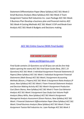 Statement Differentiation Paper (New Syllabus) ACC 561 Week 2
Small Business Analysis (New Syllabus) ACC 561 Week 3 Team
Assignment Tootsie Roll Industries Inc. Loan Package ACC 561 Week
3 Business Plan Develop a business plan and financial metrics ACC
561 Week 4 Costing Methods ACC 561 Week 5 CVP and Break-Even
Analysis ACC 561 Week 6 Budgets and Decisions making
==============================================
ACC 561 Entire Course (With Final Guide)
FOR MORE CLASSES VISIT
www.acc561genius.com
Final Guide contains 23 Questions out of 30 (you can ask for free help
before opening the exam) ACC 561 Final Exam Guide (New, 2017, 23
Questions) ACC 561 Week 1 Individual Assignment Financial Statements (2
Papers) (New Syllabus) ACC 561 Week 1 Individual Assignment Financial
Statements (Walt Disney) ACC 561 Week 2 Assignment Accounting
Methods (Bizcon, 2 Papers) ACC 561 Week 3 Assignment Ratio Analysis (P
Jason, New Syllabus) ACC 561 Week 3 Team Financial Statement Analysis
and Decision Making Activity ACC 561 Week 4 Assignment Production
Cost (Davis Skaros, New Syllabus) ACC 561 Week 5 Team Cost Behavior
Analysis ACC 561 Week 5 Assignment Case Study Cost Volume Profit
Analysis (Mary Willis, New Syllabus) ACC 561 Week 6 Assignment
Managerial Analysis Assessment (Green Pasture, New Syllabus) ACC 561
Week 1 Financial Statement Differentiation Paper (New Syllabus) ACC 561
Week 2 Small Business Analysis (New Syllabus) ACC 561 Week 3 Team
Assignment Tootsie Roll Industries Inc. Loan Package ACC 561 Week 3
 