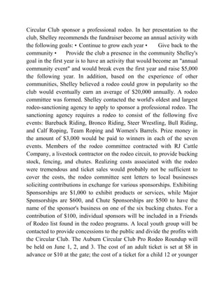 Circular Club sponsor a professional rodeo. In her presentation to the
club, Shelley recommends the fundraiser become an annual activity with
the following goals: • Continue to grow each year • Give back to the
community • Provide the club a presence in the community Shelley's
goal in the first year is to have an activity that would become an "annual
community event" and would break even the first year and raise $5,000
the following year. In addition, based on the experience of other
communities, Shelley believed a rodeo could grow in popularity so the
club would eventually earn an average of $20,000 annually. A rodeo
committee was formed. Shelley contacted the world's oldest and largest
rodeo-sanctioning agency to apply to sponsor a professional rodeo. The
sanctioning agency requires a rodeo to consist of the following five
events: Bareback Riding, Bronco Riding, Steer Wrestling, Bull Riding,
and Calf Roping, Team Roping and Women's Barrels. Prize money in
the amount of $3,000 would be paid to winners in each of the seven
events. Members of the rodeo committee contracted with RJ Cattle
Company, a livestock contractor on the rodeo circuit, to provide bucking
stock, fencing, and chutes. Realizing costs associated with the rodeo
were tremendous and ticket sales would probably not be sufficient to
cover the costs, the rodeo committee sent letters to local businesses
soliciting contributions in exchange for various sponsorships. Exhibiting
Sponsorships are $1,000 to exhibit products or services, while Major
Sponsorships are $600, and Chute Sponsorships are $500 to have the
name of the sponsor's business on one of the six bucking chutes. For a
contribution of $100, individual sponsors will be included in a Friends
of Rodeo list found in the rodeo programs. A local youth group will be
contacted to provide concessions to the public and divide the profits with
the Circular Club. The Auburn Circular Club Pro Rodeo Roundup will
be held on June 1, 2, and 3. The cost of an adult ticket is set at $8 in
advance or $10 at the gate; the cost of a ticket for a child 12 or younger
 