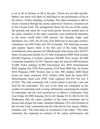 is set at $6 in advance or $8 at the gate. Tickets are not date-specific.
Rather, one ticket will admit an individual to one performance of his or
her choice-- Friday, Saturday, or Sunday. The rodeo committee is able to
secure a location through the county supervisors' board at a nominal cost
to the Circular Club. The arrangement allows for the use of the county
fair grounds and arena for a one-week period. Several months prior to
the rodeo, members of the rodeo committee were notified the bleachers
at the arena would hold 2,500 patrons. On Saturday night, paid
attendance was 1,663, but all seats were filled due to poor gate controls.
Attendance was 898 Friday and 769 on Sunday. The following revenue
and expense figures relate to the first year of the rodeo. Receipts
Contributions from sponsors $22,000 Receipts from ticket sales $28,971
Share of concession profits $1,513 Sale of programs $600 Total receipts
$53,084 Expenses Livestock contractor $26,000 Prize money $21,000
Contestant hospitality $3,341* Sponsor signs for arena $1,900 Insurance
$1,800 Ticket printing $1,050 Sanctioning fees $925 Entertainment
$859 Judging fees $750 Port-a-potties $716 Rent $600 Hay for horses
$538 Programs $500 Western hats to first 500 children $450 Hotel
rooms for stock contractor $325 Utilities $300 Sand for arena $251
Miscellaneous fixed costs $105 Total expenses $61,410 Net loss $
(8,326) *The club contracted with a local caterer to provide a tent and
food for the contestants. The cost of the food was contingent on the
number of contestants each evening. Information concerning the number
of contestants and the costs incurred are as follows: Contestants Total
Cost Friday 68 $998 Saturday 96 $1,243 Sunday 83 $1,100 $3,341 On
Wednesday after the rodeo, members of the rodeo committee met to
discuss and critique the rodeo. Jonathan Edmunds, CPA and President of
the Circular Club, commented that the club did not lose money. Rather,
Jonathan said, "The club made an investment in the rodeo." The rodeo
committee has requested an analysis of the rodeos performance and
 