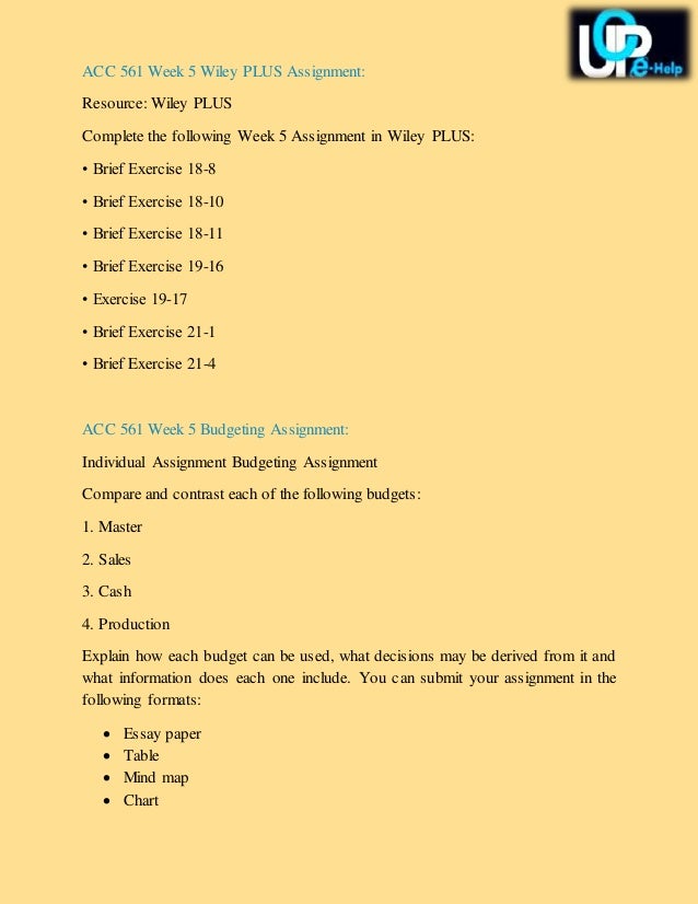 acc 561 week four brief exercise be 18 1 Overhead costs are acc 561 is a online tutorial store we provides acc 561 week 5 individual wileyplus assignment paper exercise 18-1 (new)acc/561 week 5 homework assignment will 100% correct . acc 561 week four brief exercise be 18 1 Overhead costs are acc 561 is a online tutorial store we provides acc 561 week 5 individual wileyplus assignment paper exercise 18-1 (new)acc/561 week 5 homework assignment will 100% correct .