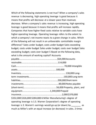 Which of the following statements is not true? When a company’s sales
revenue is decreasing, high operating leverage is good because it
means that profits will decrease at a slower pace than revenues
decrease. When a company’s sales revenue is increasing, high operating
leverage is good because it means that profits will increase rapidly.
Companies that have higher fixed costs relative to variable costs have
higher operating leverage. Operating leverage refers to the extent to
which a company’s net income reacts to a given change in sales. Which
of the following will not result in an unfavorable controllable margin
difference? Sales under budget; costs under budget Sales exceeding
budget; costs under budget Sales under budget; costs over budget Sales
exceeding budget; costs over budget 5 Based on the following data,
what is the amount of working capital? Accounts
payable………………………………………………………..$64,000 Accounts
receivable……………………………………………………..114,000
Cash……………………………………………………………………….70,000 Intangible
assets…………………………………………………………100,000
Inventory………………………………………………………………….138,000 Long-
term investments…………………………………………………..160,000 Long-term
liabilities……………………………… ………………………200,000Short-term
investments……………………………………………………80,000 Notes payable
(short-term)………………………………………………..56,000 Property, plant, and
equipment………………………………………..1,340,000 Prepaid
insurance…………………………………………………………….2,000 $370,000
$332,000 $326,000 $284,000 6 Miller Manufacturing’s degree of
operating leverage is 1.5. Warren Corporation’s degree of operating
leverage is 3. Warren’s earnings would go up (or down) by ________ as
much as Miller’s with an equal increase (or decrease) in sales. 2 times
 