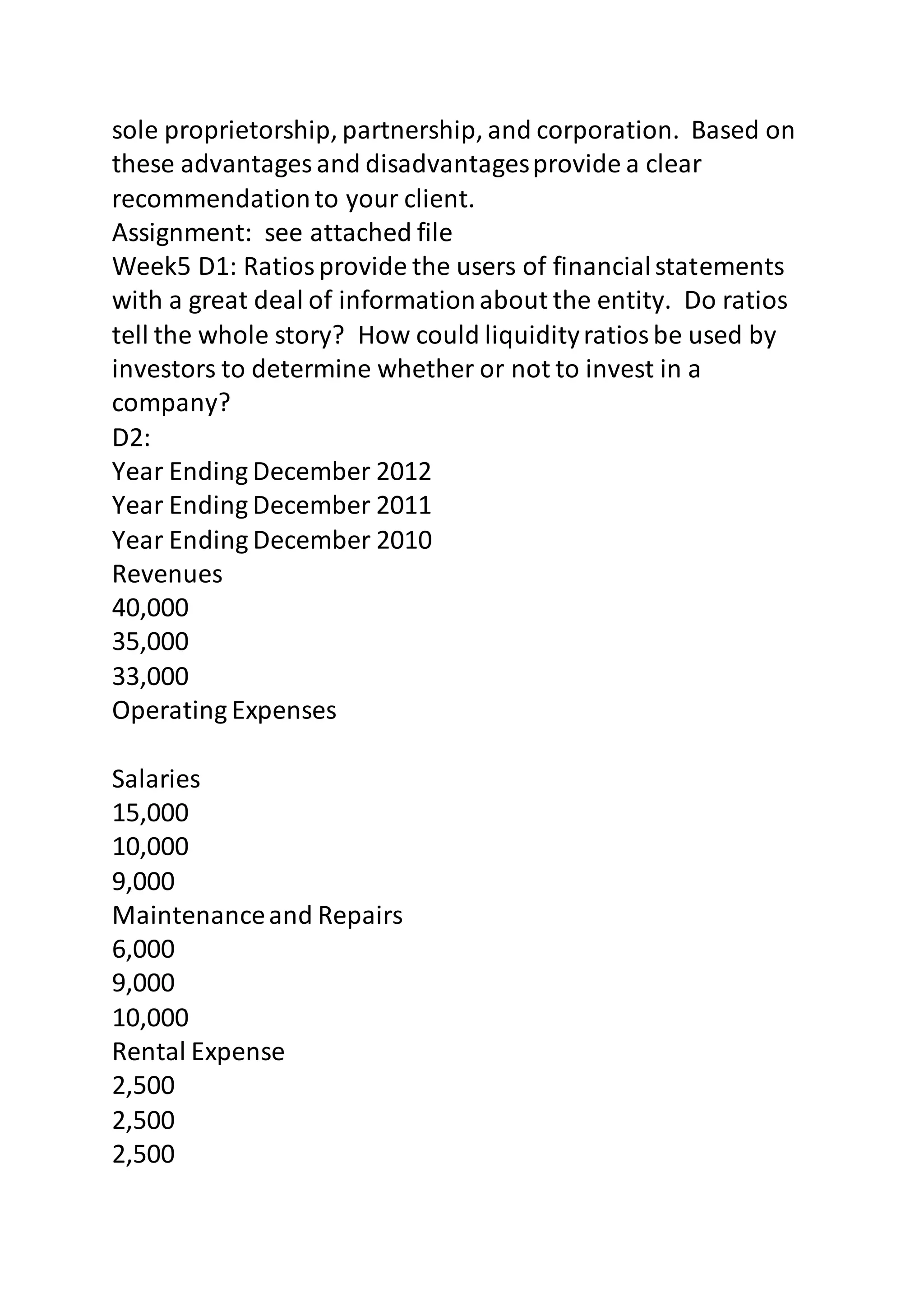 sole proprietorship, partnership, and corporation. Based on 
these advantages and disadvantages provide a clear 
recommendation to your client. 
Assignment: see attached file 
Week5 D1: Ratios provide the users of financial statements 
with a great deal of information about the entity. Do ratios 
tell the whole story? How could liquidity ratios be used by 
investors to determine whether or not to invest in a 
company? 
D2: 
Year Ending December 2012 
Year Ending December 2011 
Year Ending December 2010 
Revenues 
40,000 
35,000 
33,000 
Operating Expenses 
Salaries 
15,000 
10,000 
9,000 
Maintenance and Repairs 
6,000 
9,000 
10,000 
Rental Expense 
2,500 
2,500 
2,500 
 