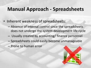 Manual Approach - SpreadsheetsInherent weakness of spreadsheets:Absence of internal control since the spreadsheets does not undergo the system development life cycle Usually created by accounting/ finance personnel Spreadsheets could easily become unmanageable Prone to human error