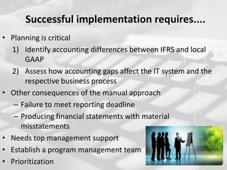 Successful implementation requires.... Planning is criticalIdentify accounting differences between IFRS and local GAAPAssess how accounting gaps affect the IT system and the respective business processOther consequences of the manual approachFailure to meet reporting deadlineProducing financial statements with material misstatementsNeeds top management supportEstablish a program management teamPrioritization