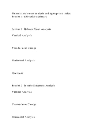 Financial statement analysis and appropriate tables:
Section 1: Executive Summary
Section 2: Balance Sheet Analysis
Vertical Analysis
Year-to-Year Change
Horizontal Analysis
Questions
Section 3: Income Statement Analysis
Vertical Analysis
Year-to-Year Change
Horizontal Analysis
 