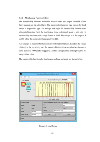 28
Membership Function Editor:
The membership functions associated with all input and output variables of the
fuzzy system can be edited here. The membership function type chosen for load
torque is trapezoidal type. For voltage and angle the membership function type
chosen is Gaussian. Here, the load torque being in terms of speed is split into 16
membership functions with a range from 0 to 1000. The voltage is in the range of 0
to 300 while the angle is in the range of 0 to 120.
Any changes in membership functions are reflected in the rules. Based on the values
obtained in the open loop test, the membership functions are edited so that every
input from 0 to 1000 can be mapped to a certain voltage output and angle output by
using if-then rules.
The membership functions for load torque, voltage and angle are shown below.
Figure 3.8 Load Torque
 