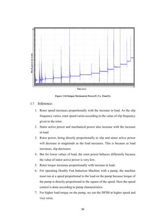 36
Figure 3.18 Output Mechanical Power(Y) Vs. Time(X)
3.7 Inference:
1. Rotor speed increases proportionally with the increase in load. As the slip
frequency varies, rotor speed varies according to the value of slip frequency
given to the rotor.
2. Stator active power and mechanical power also increase with the increase
in load.
3. Rotor power, being directly proportionally to slip and stator active power
will decrease in magnitude as the load increases. This is because as load
increases, slip decreases.
4. But for lower values of load, the rotor power behaves differently because
the value of stator active power is very low.
5. Rotor torque increases proportionally with increase in load.
6. For operating Doubly Fed Induction Machine with a pump, the machine
must run at a speed proportional to the load on the pump because torque of
the pump is directly proportional to the square of the speed. Here the speed
control is done according to pump characteristics.
7. For higher load torque on the pump, we run the DFIM at higher speed and
vice versa.
 