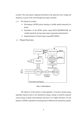 4
constant. The rotor speed is adjusted and based on the speed the rotor voltage and
frequency is given to the rotor through fuzzy logic controller.
The objectives include:
 Developing a DFIM system running at variable speed connected to a
pump.
 Simulation of the DFIM system using MATLAB/SIMULINK for
variable speeds by giving torque input using pump characteristics.
 Implementation of control logic using dsPIC30f4011.
1.2 Project Overview:
Figure 1.1 Block Diagram
The objective of this project is load regulation. It involves storing energy
optimally whenever there is low demand for energy. Energy is stored by using the
excess energy to pump water upstream and store it at a higher elevation. For this
purpose, a DFIM is operated in motoring mode at different sub synchronous speeds.
 