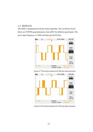 51
4.15 RESULTS
The dsPIC is programmed with the control algorithm. The waveforms shown
below are SVPWM generated pulses from dsPIC for different speed inputs. The
given input frequency is 2.5kHz and duty period of 0.4ms.
Figure.4.7 Waveform produced for 600 rpm input parameter
Figure4.8 Waveform produced for 450 rpm input parameter
 