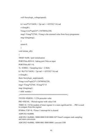 61
vref=fuzzylogic_voltage(speed);
k1=wref*Ts*10430; // 2pi rad => 65535(2^16) rad
s=(long)k1;
Vmag=(vref*sqrt(2)*1.15470054)/250;
mag1=Vmag*32768; //Vmag is the returned value from fuzzy programme
mag=(long)mag1;
}
return 0;
}
void initiate_all()
{
TRISF=0x00; //port initialisation
PORTFbits.RF0=0; //taking port f bits as input
PORTFbits.RF1=0;
Ts =0.0002; // Sampling time = 2.5kHz
k1=We*Ts*10430; // 2pi rad => 65535(2^16) rad
s=(long)k1;
theta=fuzzylogic_angle(speed);
Vmag=(vref*sqrt(2)*1.15470054)/250;
mag1=Vmag*32768; //Vmag*2^15
mag=(long)mag1;
// ADC module //
//************************************************//
T3CON=0X0030; //1:256 prescalar value
PR3=0XFA8; //Period register with value FA8
TMR3=0; //32 bit module of timer register it is main significant bit…. PR3 is used
to compare from this register
IFS0bits.T3IF=0; //Timer 3 interrupt bit is cleared
ADPCFG=0x0000;
ADCON1=0x0040; //0000 0000 0100 0000//GP Timer3 compare ends sampling
and starts conversion
ADCON2=0x0000; //0000 0001 0000 0000// converts CH0
 