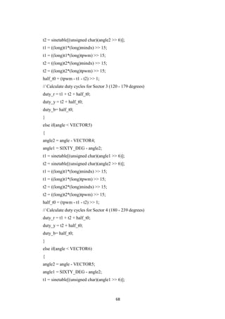68
t2 = sinetable[(unsigned char)(angle2 >> 6)];
t1 = ((long)t1*(long)mindx) >> 15;
t1 = ((long)t1*(long)tpwm) >> 15;
t2 = ((long)t2*(long)mindx) >> 15;
t2 = ((long)t2*(long)tpwm) >> 15;
half_t0 = (tpwm - t1 - t2) >> 1;
// Calculate duty cycles for Sector 3 (120 - 179 degrees)
duty_r = t1 + t2 + half_t0;
duty_y = t2 + half_t0;
duty_b= half_t0;
}
else if(angle < VECTOR5)
{
angle2 = angle - VECTOR4;
angle1 = SIXTY_DEG - angle2;
t1 = sinetable[(unsigned char)(angle1 >> 6)];
t2 = sinetable[(unsigned char)(angle2 >> 6)];
t1 = ((long)t1*(long)mindx) >> 15;
t1 = ((long)t1*(long)tpwm) >> 15;
t2 = ((long)t2*(long)mindx) >> 15;
t2 = ((long)t2*(long)tpwm) >> 15;
half_t0 = (tpwm - t1 - t2) >> 1;
// Calculate duty cycles for Sector 4 (180 - 239 degrees)
duty_r = t1 + t2 + half_t0;
duty_y = t2 + half_t0;
duty_b= half_t0;
}
else if(angle < VECTOR6)
{
angle2 = angle - VECTOR5;
angle1 = SIXTY_DEG - angle2;
t1 = sinetable[(unsigned char)(angle1 >> 6)];
 