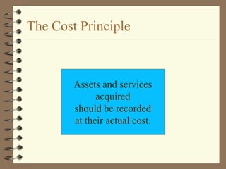 Assets and services
acquired
should be recorded
at their actual cost.
The Cost Principle
 