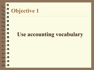 Objective 1
Use accounting vocabulary
 