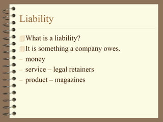 Liability
What is a liability?
It is something a company owes.
– money
– service – legal retainers
– product – magazines
 