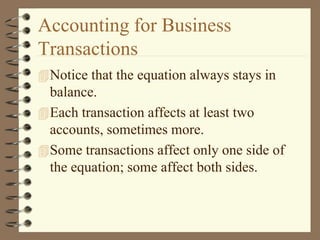 Accounting for Business
Transactions
Notice that the equation always stays in
balance.
Each transaction affects at least two
accounts, sometimes more.
Some transactions affect only one side of
the equation; some affect both sides.
 