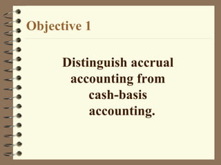 Distinguish accrual
accounting from
cash-basis
accounting.
Objective 1
 