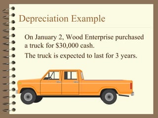Depreciation Example
On January 2, Wood Enterprise purchased
a truck for $30,000 cash.
The truck is expected to last for 3 years.
 