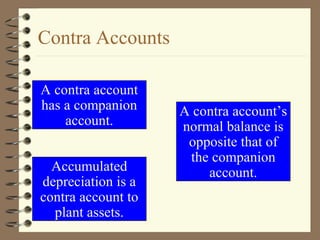 A contra account
has a companion
account.
A contra account’s
normal balance is
opposite that of
the companion
account.Accumulated
depreciation is a
contra account to
plant assets.
Contra Accounts
 