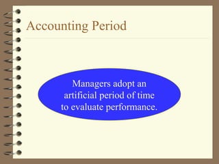 Managers adopt an
artificial period of time
to evaluate performance.
Accounting Period
 