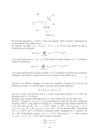 Figura 2.4
Se tutti gli esponenti αi e tutti i βj sono non negativi, allora il grafo Γ rappresenta la
curva tropicale V (p) deﬁnita da p.
Se esistesse un indice i t.c. (αi, βi) ∈ Λ e αi < 0, sia αi il più piccolo di tali αi.
Consideriamo il polinomio
p1(x, y) =
(αi,βi)∈Λ
aαiβi
x αi−αi
y βi
,
in cui ogni esponente αi − αi è ≥ 0. Procedendo in modo analogo con i βi, possiamo
costruire il polinomio
p2(x, y) =
(αi,βi)∈Λ
aαiβi
x αi−αi
y βi−βi
in cui ogni esponente di ciascuna variabile è ≥ 0. Utilizzando il lemma 2.3.3, possiamo
concludere che il grafo Γ rappresenta la curva tropicale V (p2) deﬁnita da p2.
Esempio 2.4.2 (Retta). Sappiamo che una retta tropicale è il luogo V (p), dove p è un
polinomio di grado 1, e che tale luogo è associato ad un grafo bilanciato
({v}, ∅, {e1, e2, e3}, w = 1),
in cui e1 è il lato con direzione sud, e2 è il lato con direzione nord-est, e3 è il lato con
direzione ovest e v è il vertice.
Portiamo come esempio dell’implicazione (⇐) del teorema 2.4.1 il caso della retta.
Sia ora Γ =({v}, ∅, {e1, e2, e3}, w = 1) un grafo bilanciato. Siano R1, R2, R3 le componenti
connesse di R2
Γ, come indicato in ﬁgura 2.4. Consideriamo due regioni adiacenti R1
e R2 (nel senso che R1 ∩ R2 := e1 = ∅). Siano ϕR1 : R2
→ R, ϕR1 (x, y) = α1x +
β1y + a1 e ϕR2 : R2
→ R, ϕR2 (x, y) = α2x + β2y + a2, due funzioni aﬃni. Denotiamo
con v1 = (α2−α1
we1
, β2−β1
we1
), il vettore a coordinate intere ortogonale ad e1, orientato da
R1 a R2 e di lunghezza minima, cioè v1 = (1, 0). Visto che we1 = 1, allora avremo
v1 = (α2 − α1, β2 − β1) = (1, 0), che ci conduce al sistema
α2 − α1 = 1
β2 − β1 = 0.
23
 